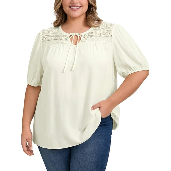 GRACE & GRANDEUR Women's Plus Size Tops Half Puff Sleeve Lace Panel Tie Neck Casual Blouses 2X White