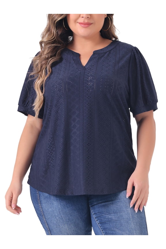 Women's Plus Size Tops Hollow Casual V Neck Short Sleeves Summer Blouse Shirts 2X Navy Blue