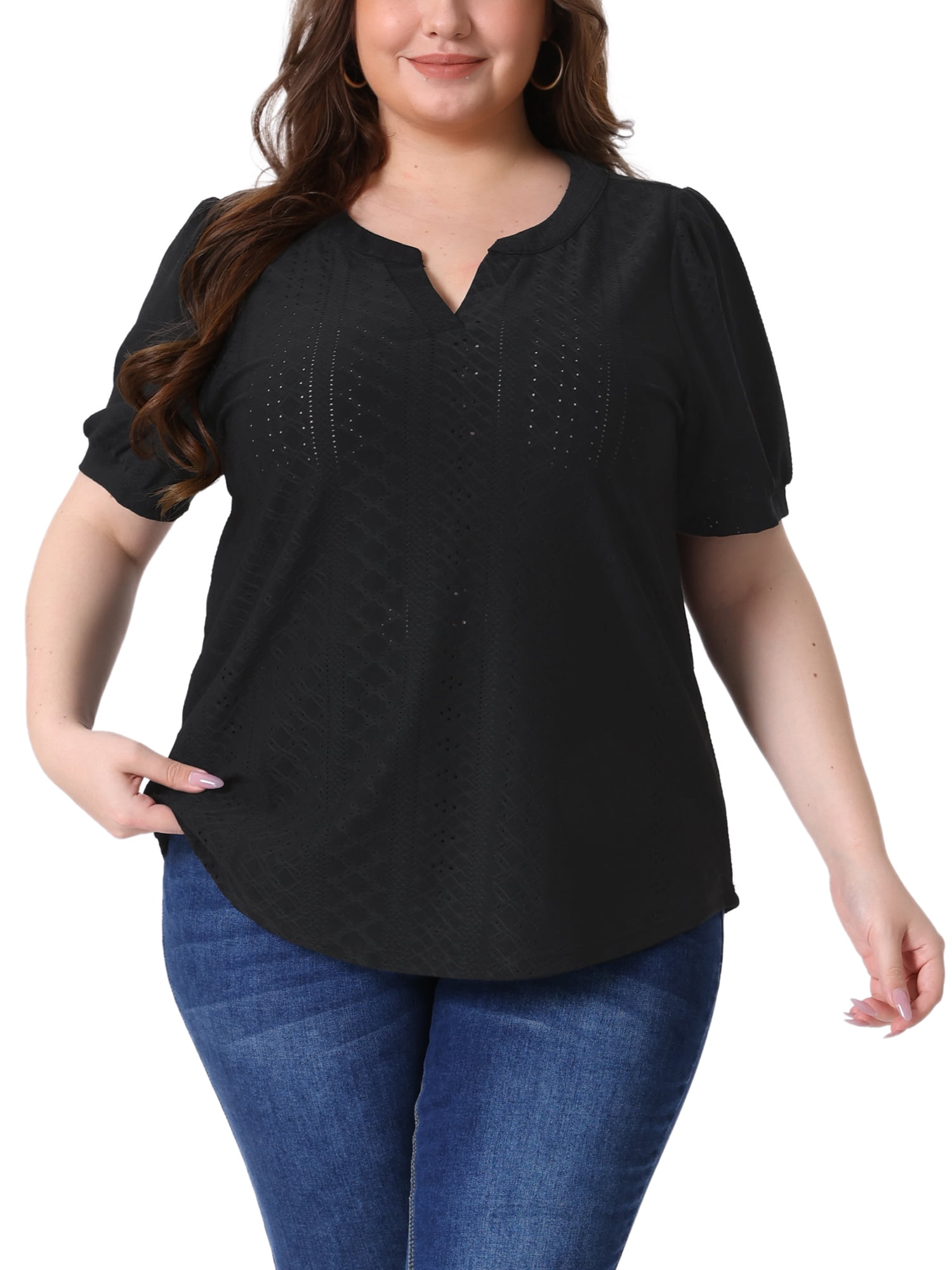 Agnes Orinda Women's Plus Size Tops Hollow Casual V Neck Short Sleeves ...