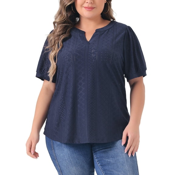 Agnes Orinda Women's Plus Size Tops Hollow Casual V Neck Short Sleeves Summer Blouse Shirts 3X Navy Blue