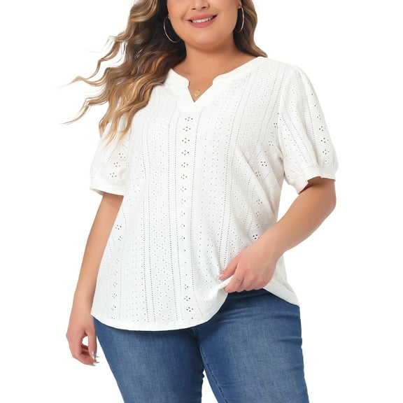 Agnes Orinda Women's Plus Size Tops Hollow Casual V Neck Short Sleeves Summer Blouse Shirts 3X White