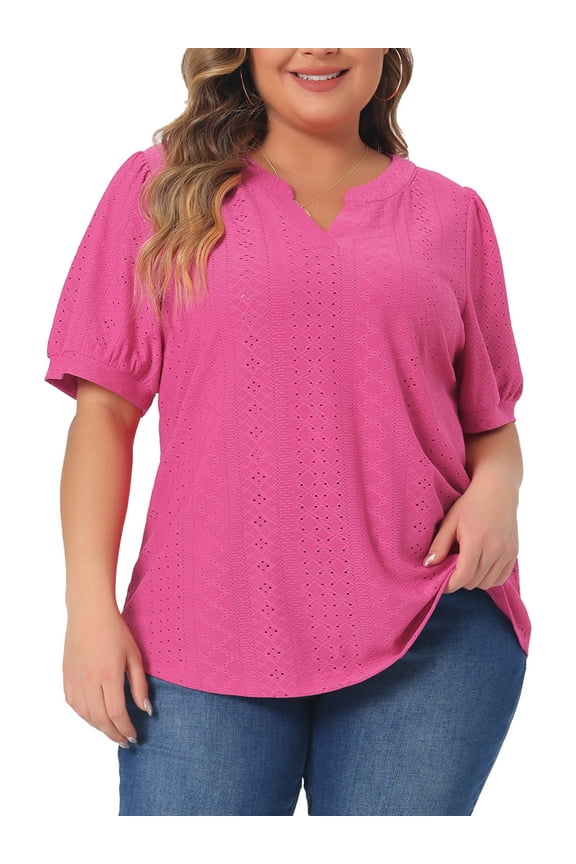 Women's Plus Size Tops Hollow Casual V Neck Short Sleeves Summer Blouse Shirts 4X Hot Pink