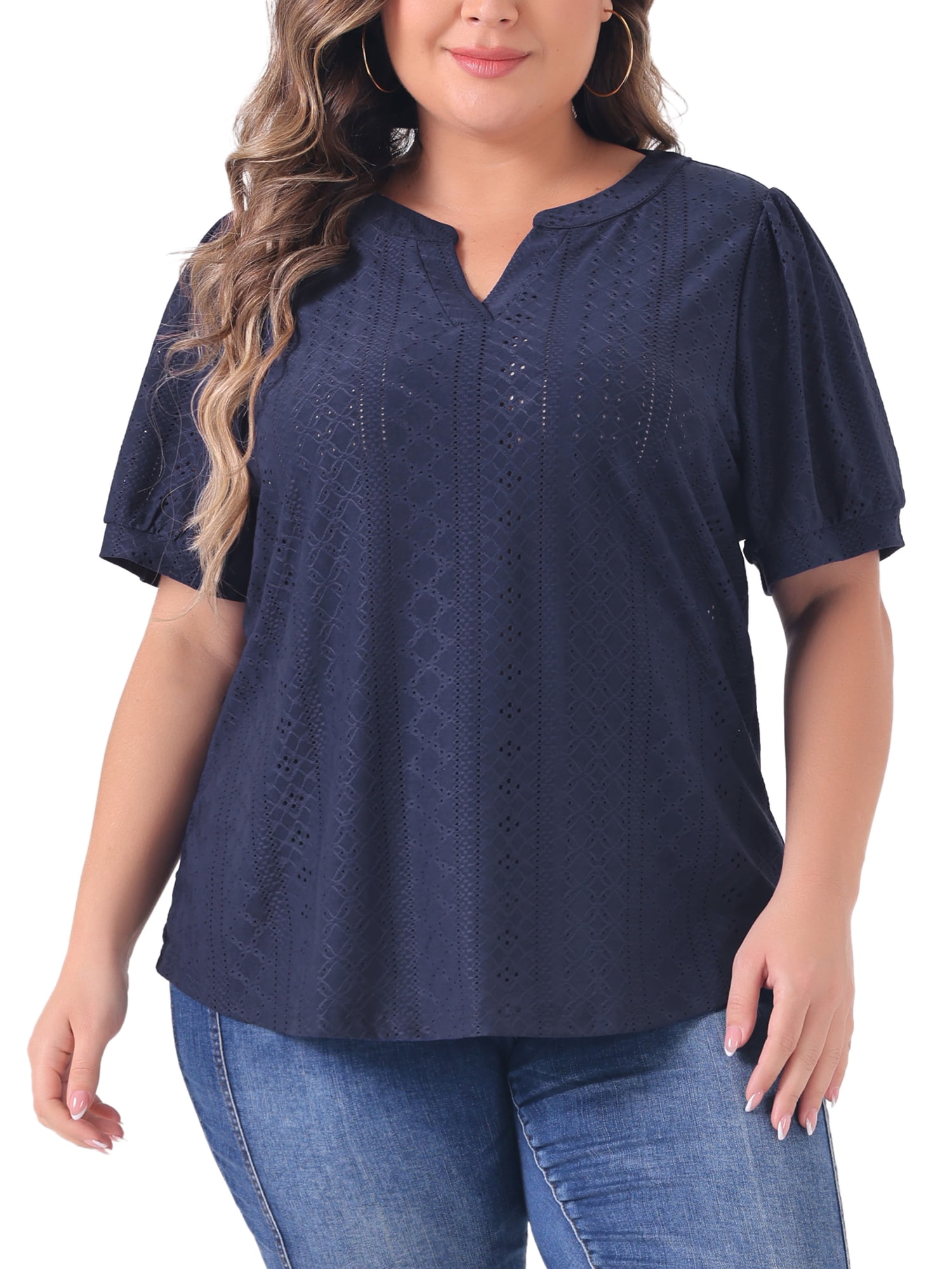 Agnes Orinda Women's Plus Size Tops Hollow Casual V Neck Short Sleeves ...