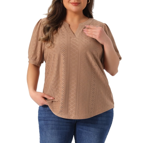 Agnes Orinda Women's Plus Size Tops Hollow Casual V Neck Short Sleeves Summer Blouse Shirts 2X Camel