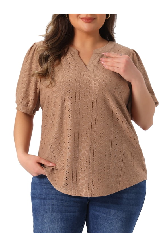 Women's Plus Size Tops Hollow Casual V Neck Short Sleeves Summer Blouse Shirts 5X Camel