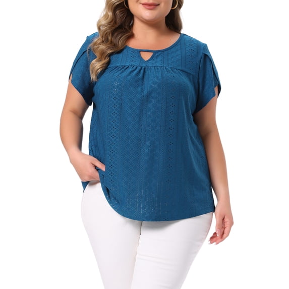 Agnes Orinda Women's Plus Size Tops Keyhole Crew Neck Petal Sleeve Pleated Casual Blouses 2X Peacock Blue