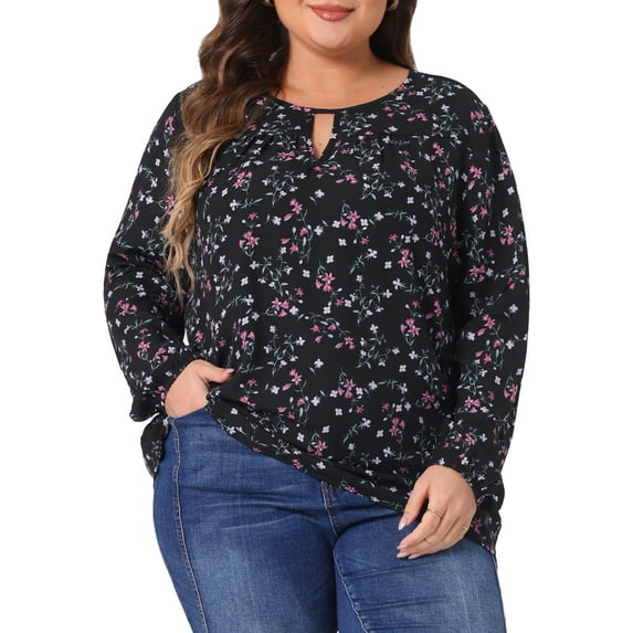 Agnes Orinda Women's Plus Size Tops Keyhole Neck Long Sleeve Floral Chiffon Blouses 1X Black Pink