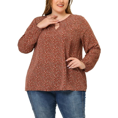 Agnes Orinda Women's Plus Size Tops Keyhole Neck Long Sleeve Floral Chiffon Blouses 1X Brown