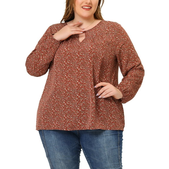 Agnes Orinda Women's Plus Size Tops Keyhole Neck Long Sleeve Floral Chiffon Blouses 3X Brown