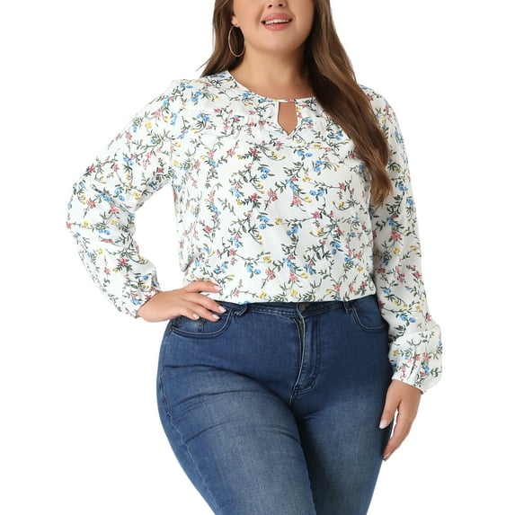 Agnes Orinda Women's Plus Size Tops Keyhole Neck Long Sleeve Floral Chiffon Blouses 3X White