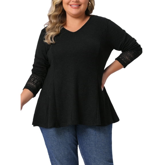 Agnes Orinda Women's Plus Size Tops Lace Mesh Patchwork Long Sleeve Texture V Neck Flowy Casual Waffle Blouse 1X Black
