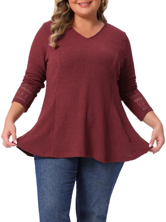 Women's Plus Size Halloween Outfits Tops Lace Mesh Patchwork Long Sleeve Texture V Neck Flowy Casual Waffle Blouse 1X Brown Red