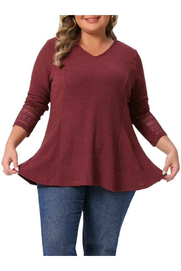 Women's Plus Size Tops Lace Mesh Patchwork Long Sleeve Texture V Neck Flowy Casual Waffle Blouse 1X Brown Red