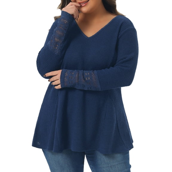 Agnes Orinda Women's Plus Size Tops Lace Mesh Patchwork Long Sleeve Texture V Neck Flowy Casual Waffle Blouse 3X Navy Blue