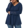 thumbnail image 1 of Agnes Orinda Women's Plus Size Tops Lace Mesh Patchwork Long Sleeve Texture V Neck Flowy Casual Waffle Blouse 4X Navy Blue, 1 of 6