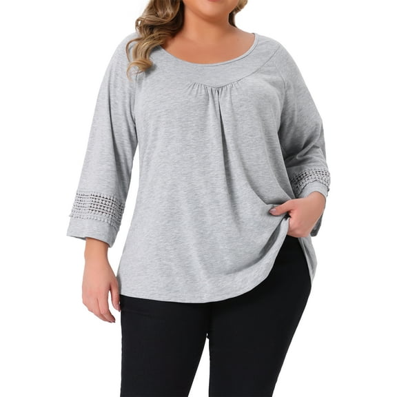 Agnes Orinda Women's Plus Size Tops Long Sleeve Crochet Panel Hollow Out Pleated Casual Tunics Blouse 1X Gray