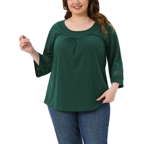 Agnes Orinda Women's Plus Size Tops Long Sleeve Crochet Panel Hollow Out Pleated Casual Tunics Blouse 2X Dark Green