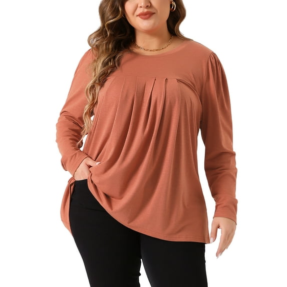 Agnes Orinda Women's Plus Size Tops Long Sleeve Dressy Pleated Crew Neck Blouses Casual Loose Shirts 3X Orange