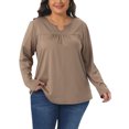 thumbnail image 1 of Agnes Orinda Women's Plus Size Tops Notched Gathered Neck Long Sleeve T-Shirts Loose Casual Tunic Blouses 3X Khaki, 1 of 5