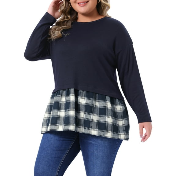 Agnes Orinda Women's Plus Size Tops Patchwork Peplum Plaid Crew Neck Long Sleeve T Shirt Casual Basic Blouse 1X Navy Blue