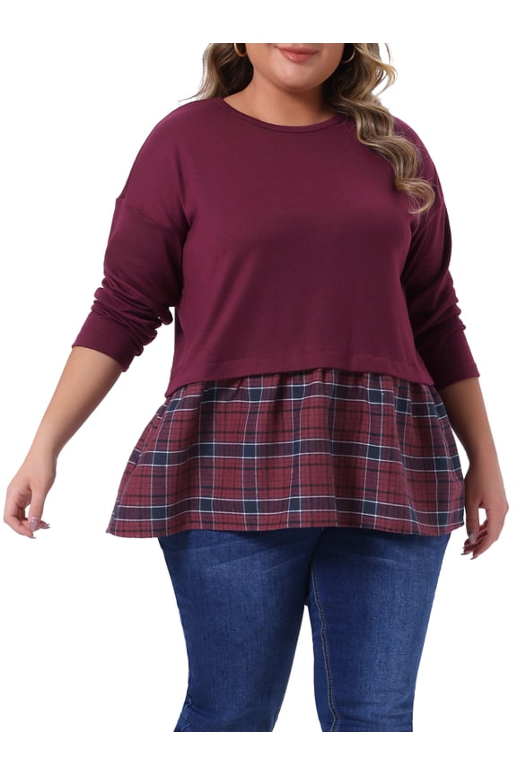 Women's Plus Size Tops Patchwork Peplum Plaid Crew Neck Long Sleeve T Shirt Casual Basic Blouse 3X Burgundy