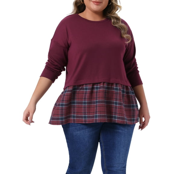 Agnes Orinda Women's Plus Size Tops Patchwork Peplum Plaid Crew Neck Long Sleeve T Shirt Casual Basic Blouse 4X Burgundy