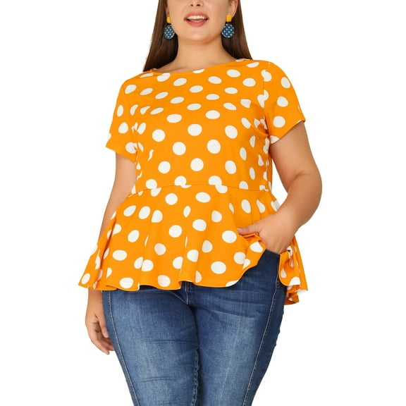 Agnes Orinda Women's Plus Size Valentines Day Tops Peplum Hem Short Sleeve Summer Polka Dot Shirts Blouses 1X Orange