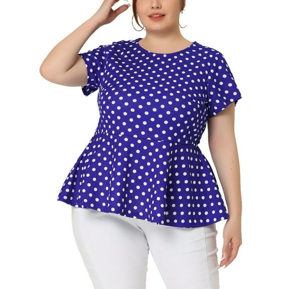 Agnes Orinda Women's Plus Size Tops Peplum Hem Short Sleeve Summer Polka Dot Shirts Blouses 2X Royal Blue
