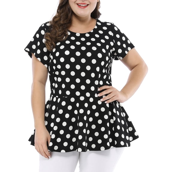 Agnes Orinda Women's Plus Size Easter Tops Peplum Hem Short Sleeve Summer Polka Dot Shirts Blouses 2X Black