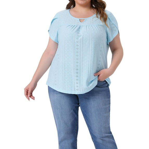 Agnes Orinda Women's Plus Size Tops Keyhole Crew Neck Petal Sleeve Pleated Casual Blouses 1X Sky Blue