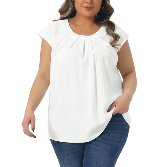 Agnes Orinda Women's Plus Size Tops Pleated Crew Neck Short Sleeve Blouse Business Casual Summer Dressy Work Shirts 1X White