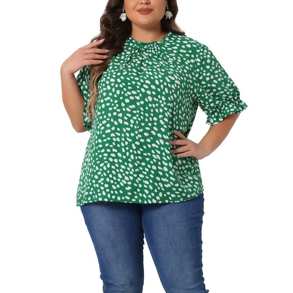Agnes Orinda Women's Plus Size Tops Polka Dots Ruffle Hem Short Sleeve Mock Neck Blouses 1X Green