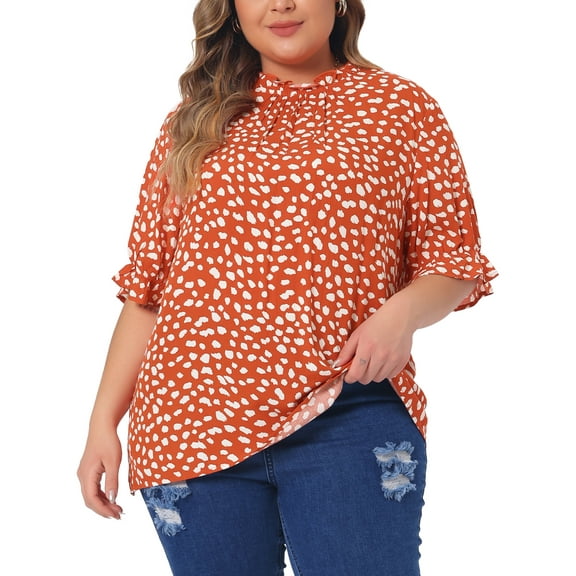 Agnes Orinda Women's Plus Size Tops Polka Dots Ruffle Hem Short Sleeve Mock Neck Blouses 1X Orange