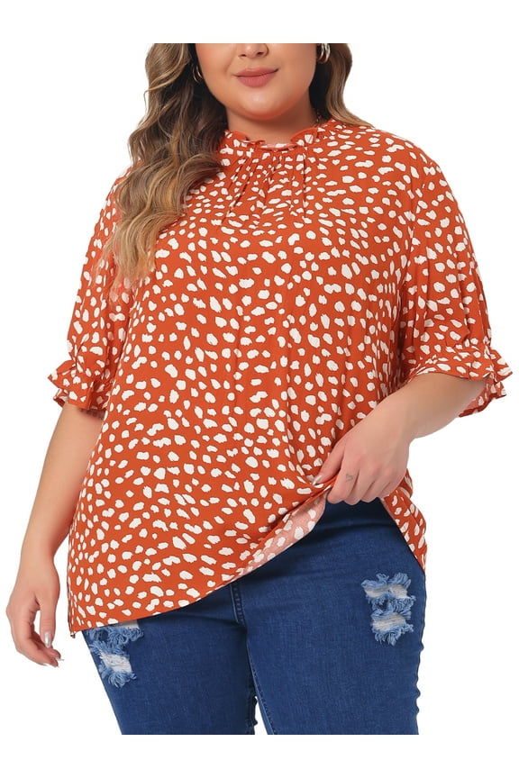 Women's Plus Size Tops Polka Dots Ruffle Hem Short Sleeve Mock Neck Blouses 1X Orange
