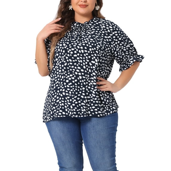 Agnes Orinda Women's Plus Size Tops Polka Dots Ruffle Hem Short Sleeve Mock Neck Blouses 2X Navy Blue
