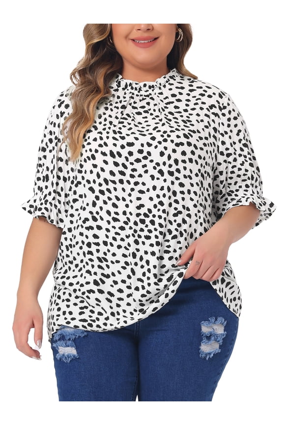 Women's Plus Size Tops Polka Dots Ruffle Hem Short Sleeve Mock Neck Blouses 3X White