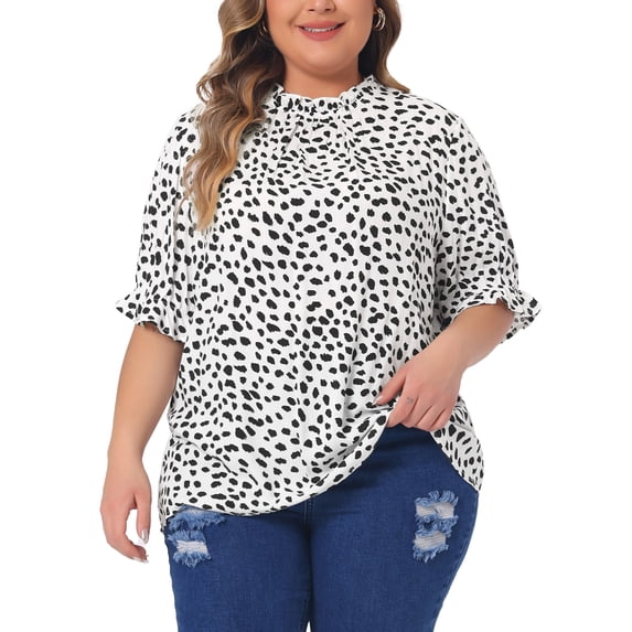 Agnes Orinda Women's Plus Size Tops Polka Dots Ruffle Hem Short Sleeve Mock Neck Blouses 4X White
