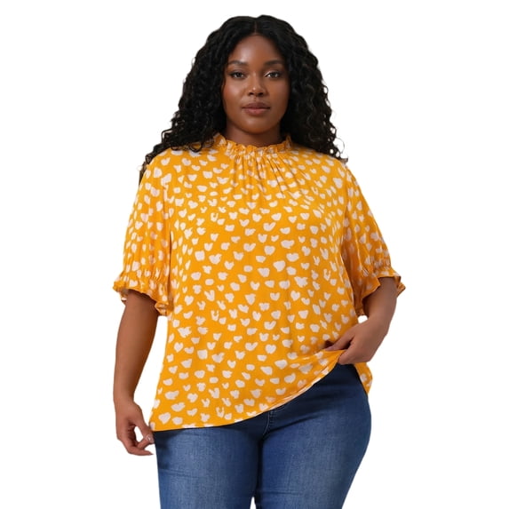 Agnes Orinda Women's Plus Size Tops Polka Dots Ruffle Hem Short Sleeve Mock Neck Blouses 2X Yellow