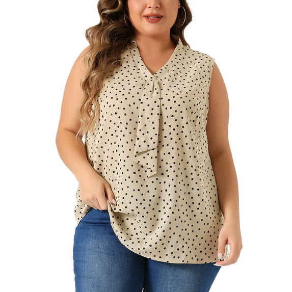 Agnes Orinda Women's Plus?Size?Tops Polka Dots Tie?V Neck Sleeveless Classic Blouses 1X Light Khaki