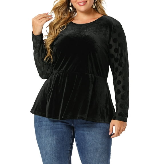 Agnes Orinda Women's Plus Size Tops Polka dots Peplum Sheer Sleeve Velvet Fall Winter Blouse 2X Black
