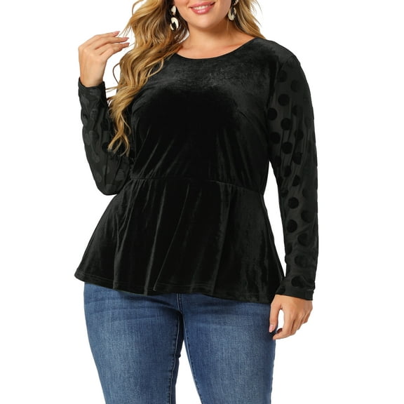 Agnes Orinda Women's Plus Size Tops Polka dots Peplum Sheer Sleeve Velvet Fall Winter Blouse 3X Black