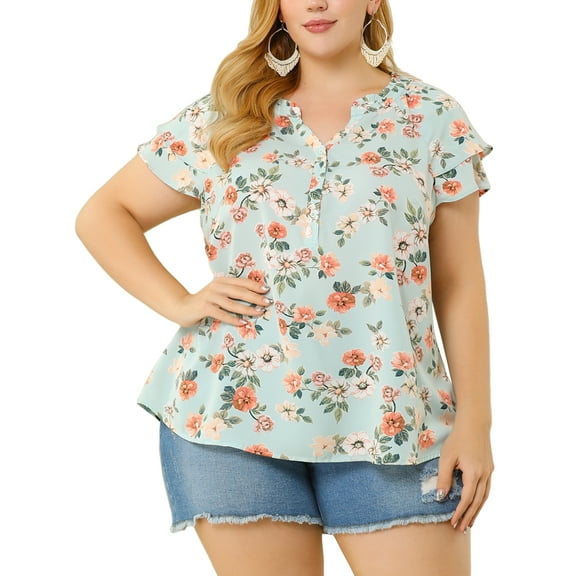 Agnes Orinda Women's Plus Size Tops Retro Floral V Neck Tiered Short Sleeve Blouses 1X Light Blue