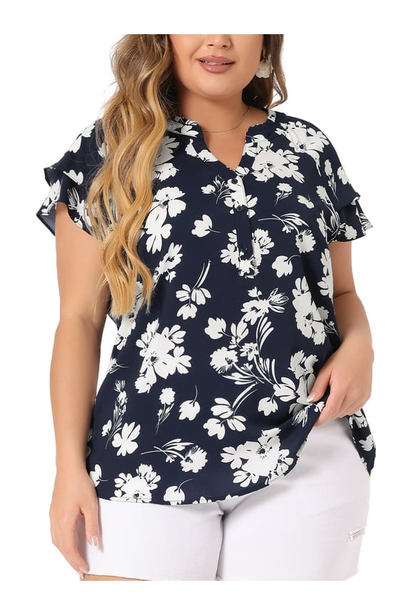 Women's Plus Size Easter Tops Retro Floral V Neck Tiered Short Sleeve Blouses 2X Navy Blue