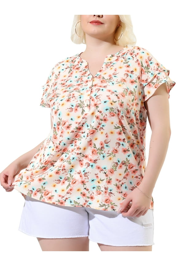 Women's Plus Size Easter Tops Retro Floral V Neck Tiered Short Sleeve Blouses 2X Pink