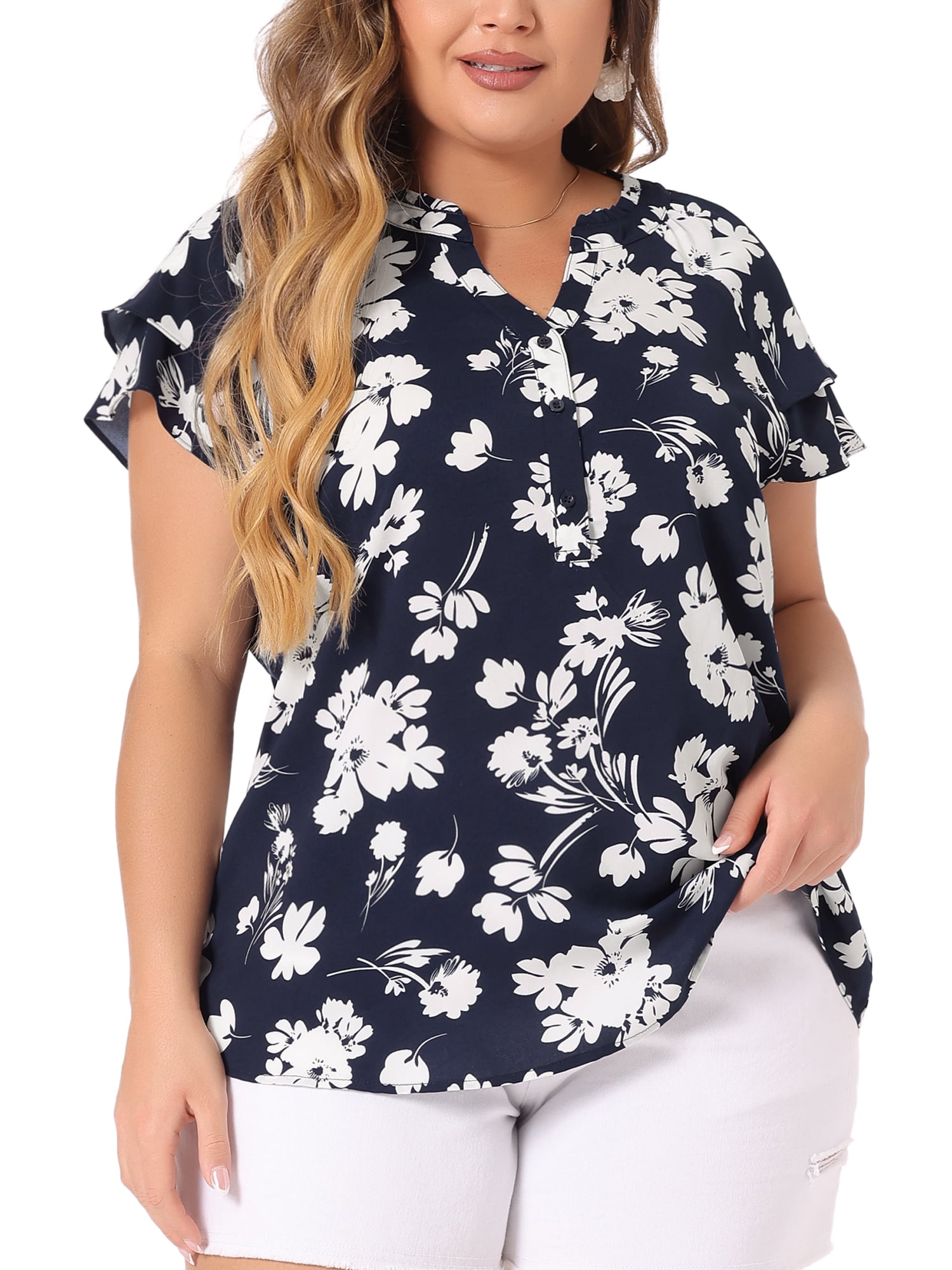 Agnes Orinda Women's Plus Size Tops Retro Floral V Neck Tiered Short ...