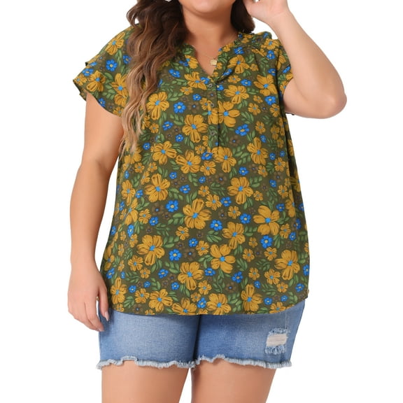 Agnes Orinda Women's Plus Size Tops Retro Floral V Neck Tiered Short Sleeve Blouses 4X Army Green