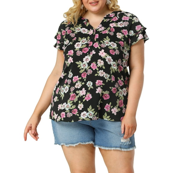 Agnes Orinda Women's Plus Size Tops Retro Floral V Neck Tiered Short Sleeve Blouses 4X Black