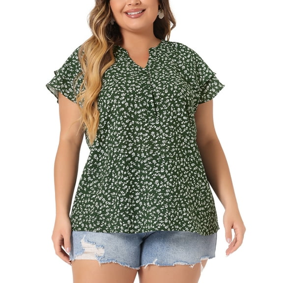 Agnes Orinda Women's Plus Size Tops Retro Floral V Neck Tiered Short Sleeve Blouses 4X Dark Green