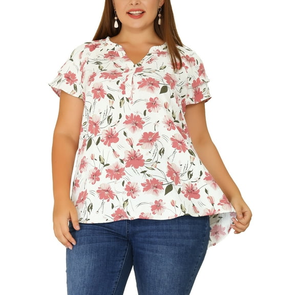 Agnes Orinda Women's Plus Size Tops Retro Floral V Neck Tiered Short Sleeve Blouses 4X Pink White