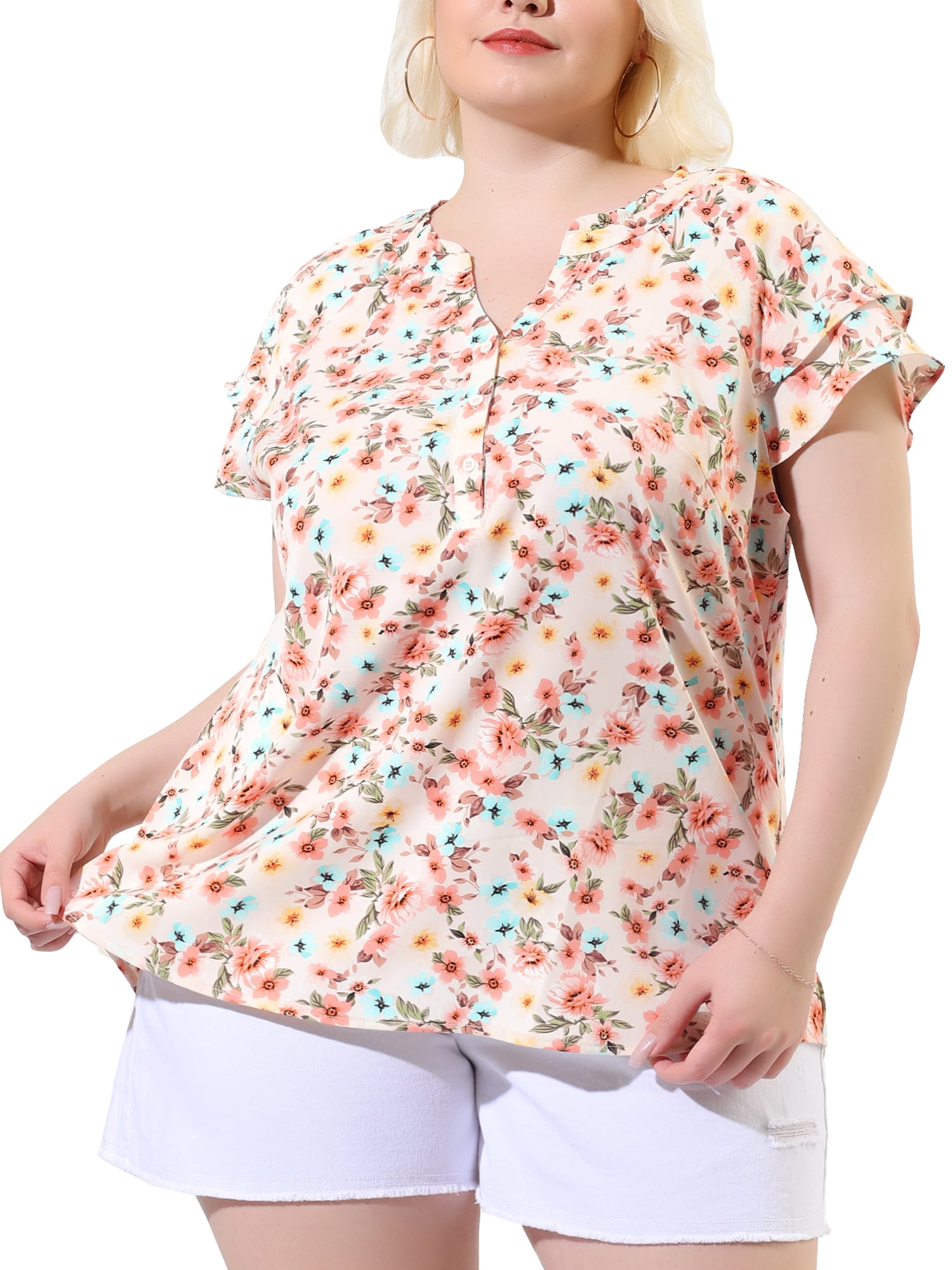 Agnes Orinda Women's Plus Size Tops Retro Floral V Neck Tiered Short ...